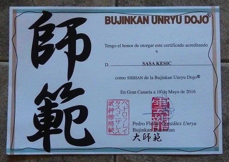 Diploma Bujinkan Unryu dođoa od Dai-Shihan Pedra Fleitasa
